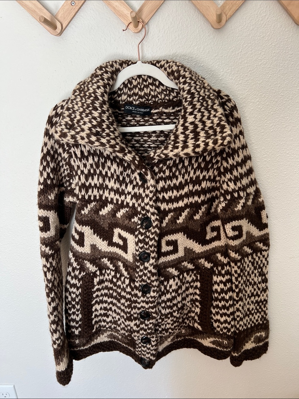 Dolce & Gabbana Archival Cowichan Brown and Cream Knit Button-Up Cardigan - Picture 2 of 10